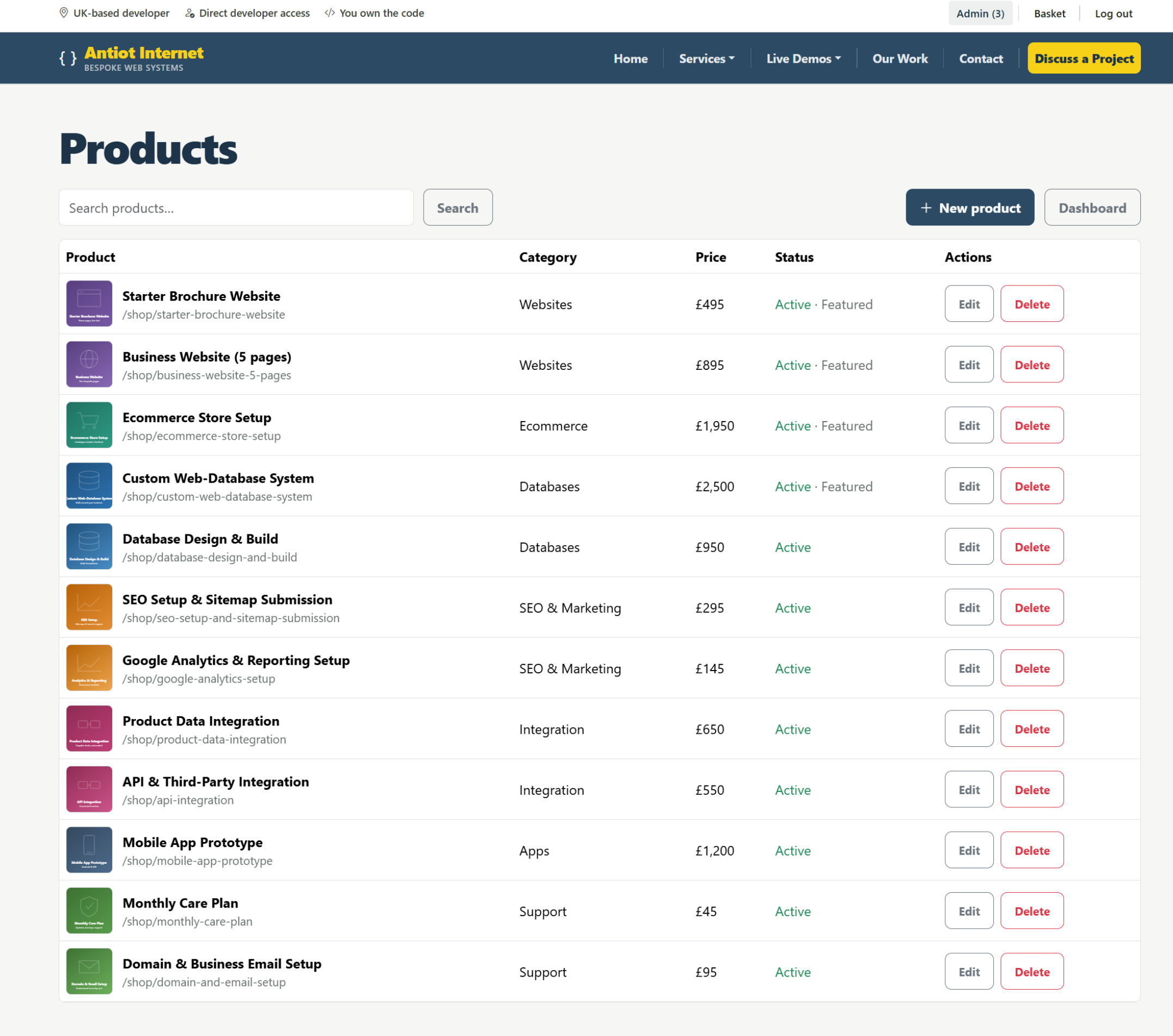 Screenshot of the product-management area in the Web Pilot back-office