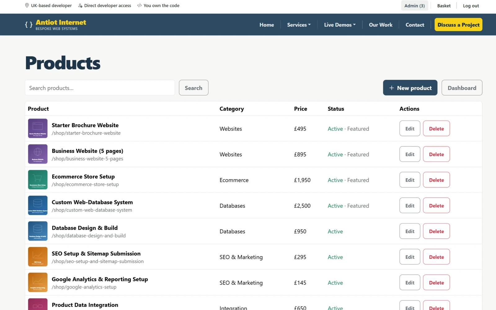 Screenshot of the product-management area in the Web Pilot back-office