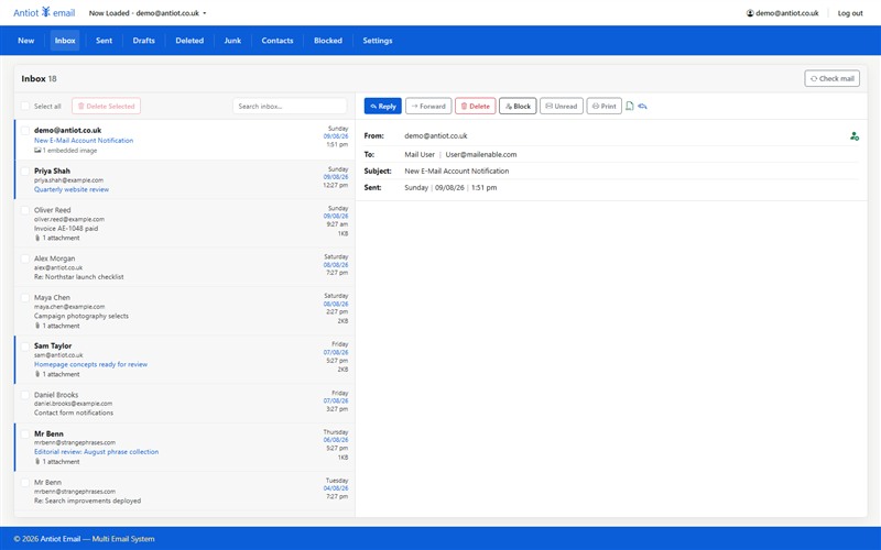 Screenshot of the Antiot Email multi-email account system