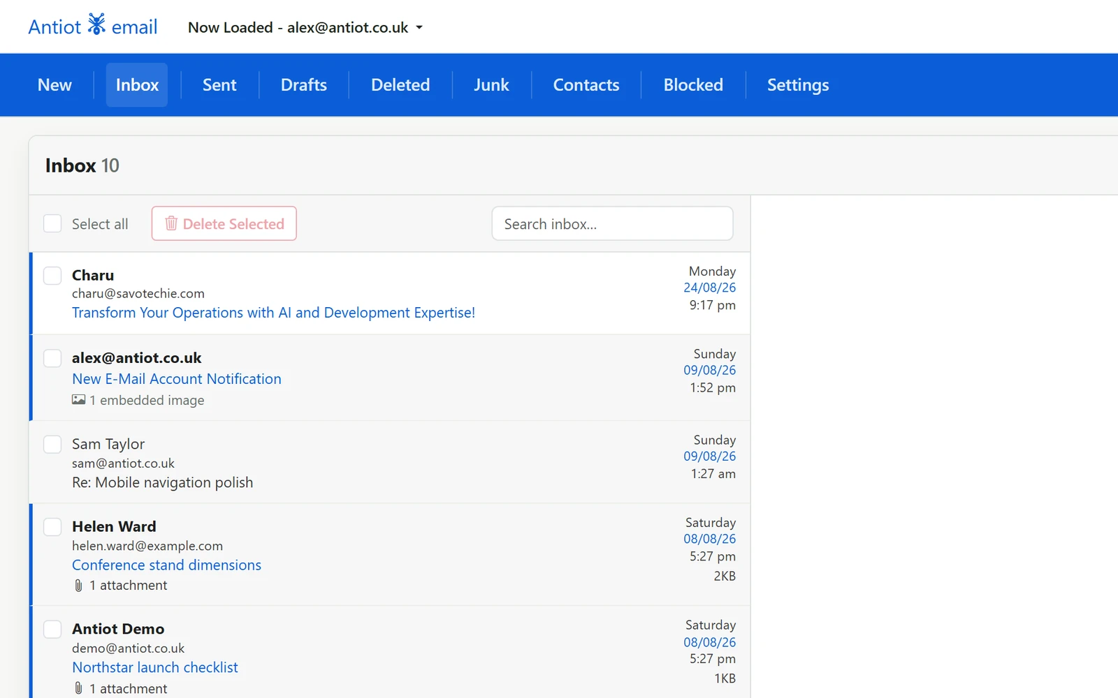 Screenshot of the Antiot Email multi-email account system