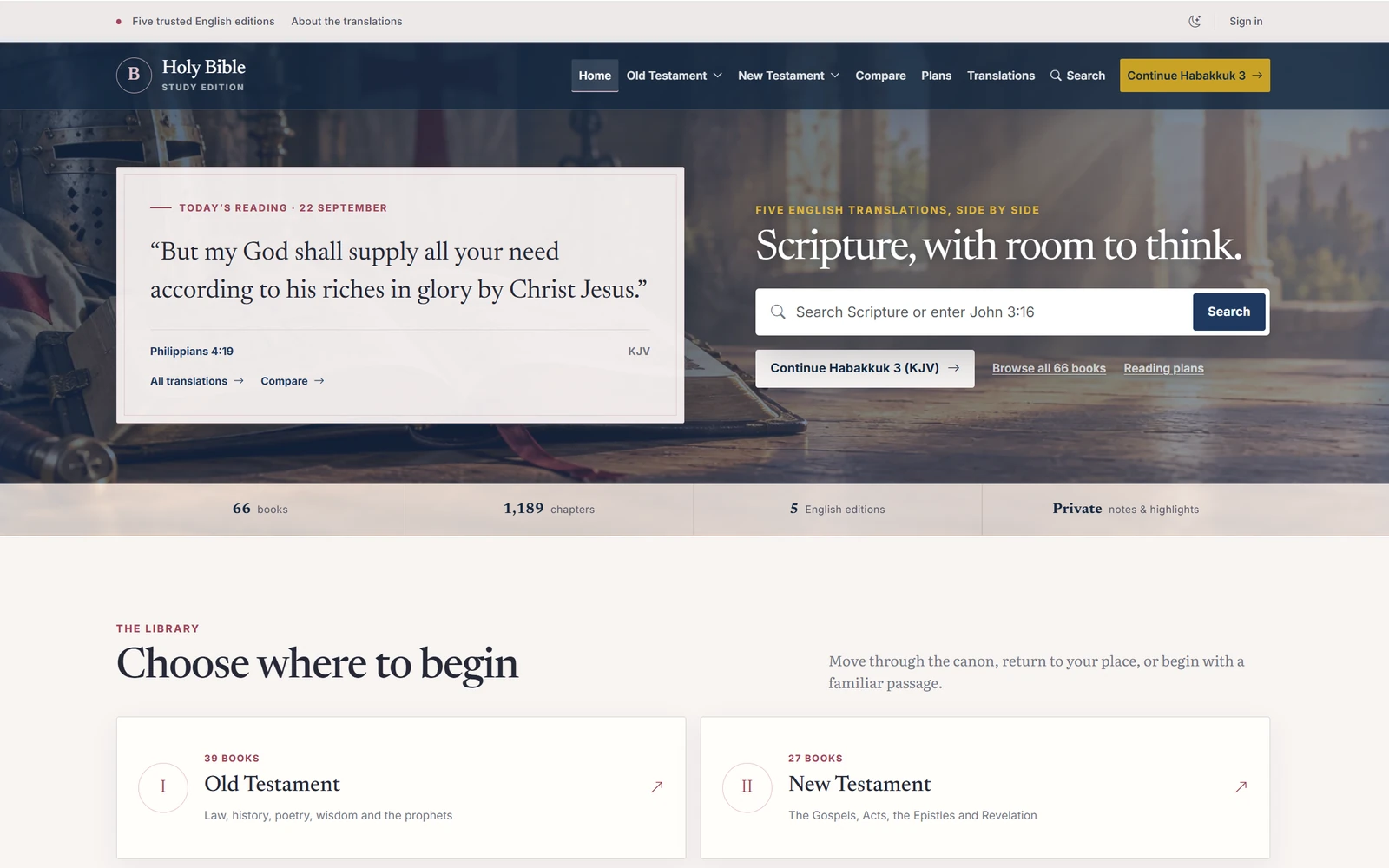 Screenshot of the Holy Bible Study Edition homepage