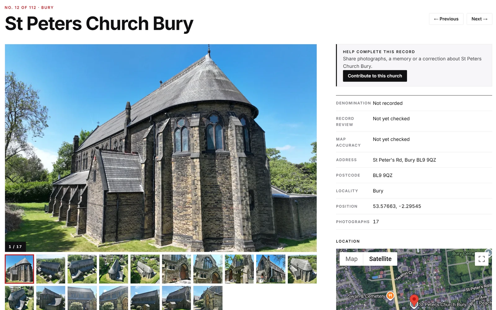 Screenshot of a church record page on Churches of Bolton and Bury with photographs and a map