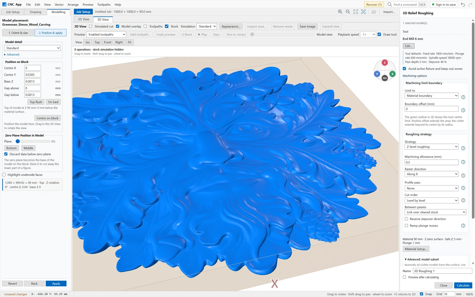 Screenshot of the full CNC App editor: a Green Man relief carving placed on a 1 metre block in the 3D view, with the model placement panel and the 3D roughing settings