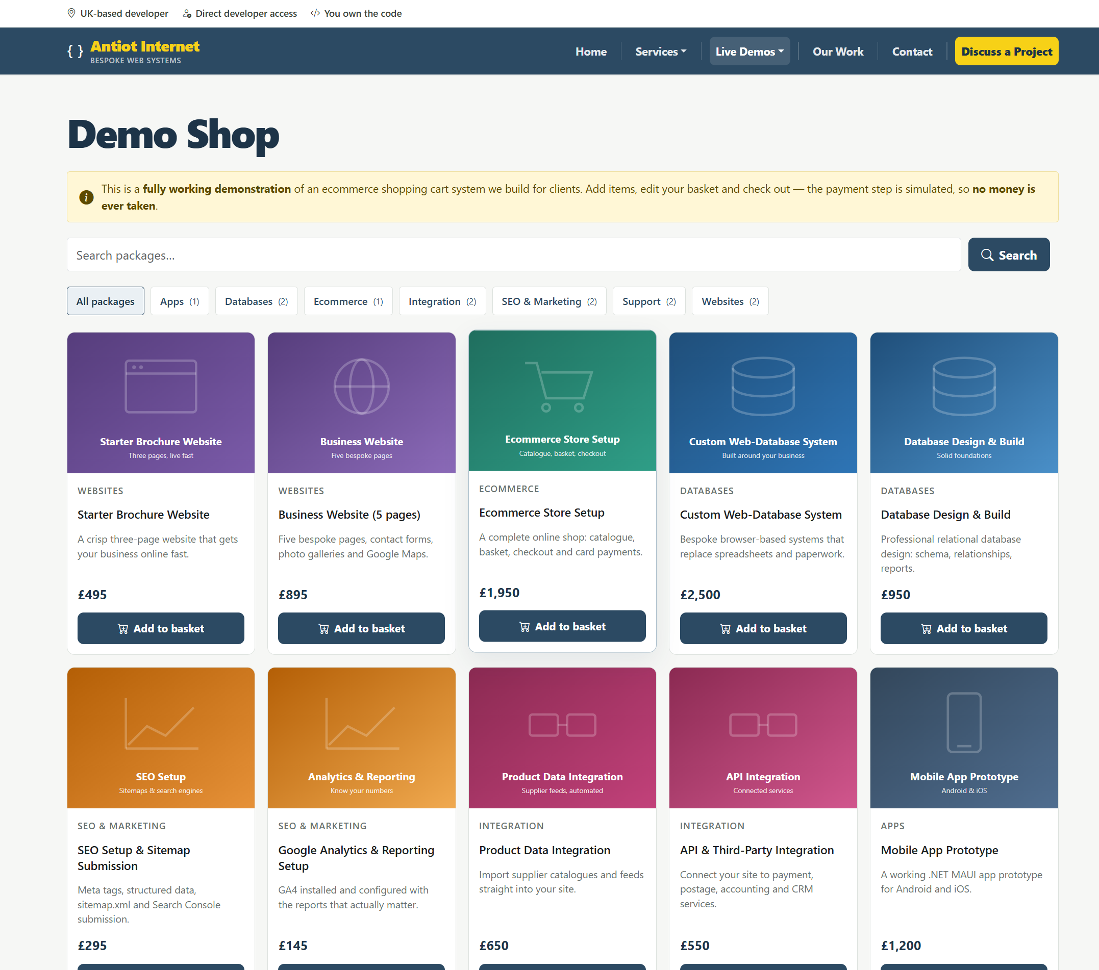 Screenshot of the working Web Pilot demo shop