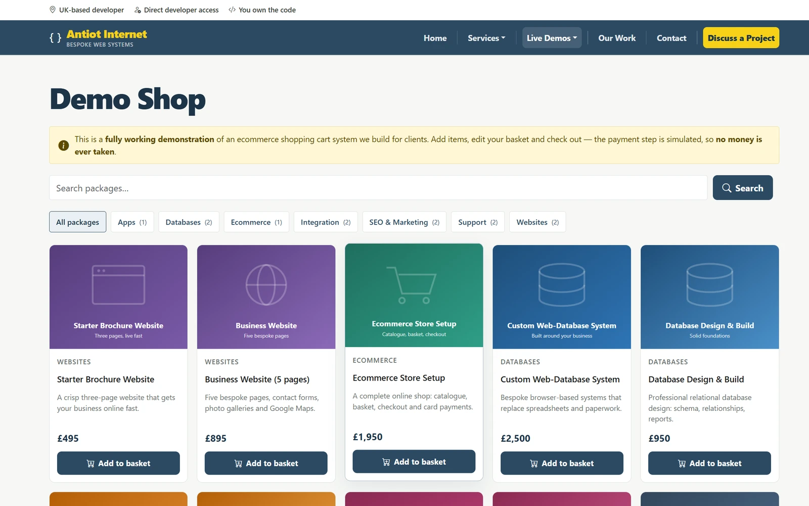 Screenshot of the working Web Pilot demo shop