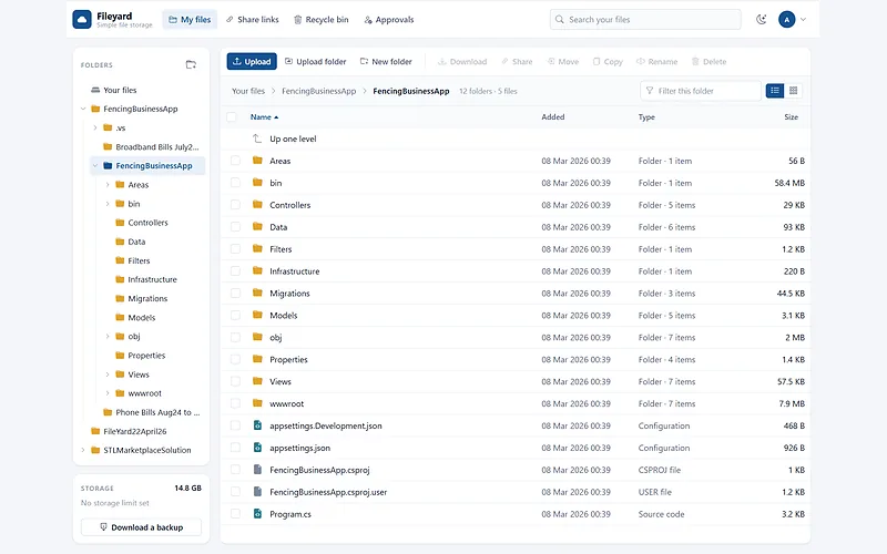 Screenshot of the FileYard cloud file storage interface