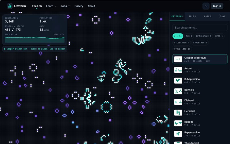 Screenshot of the Lifeform cellular automaton laboratory