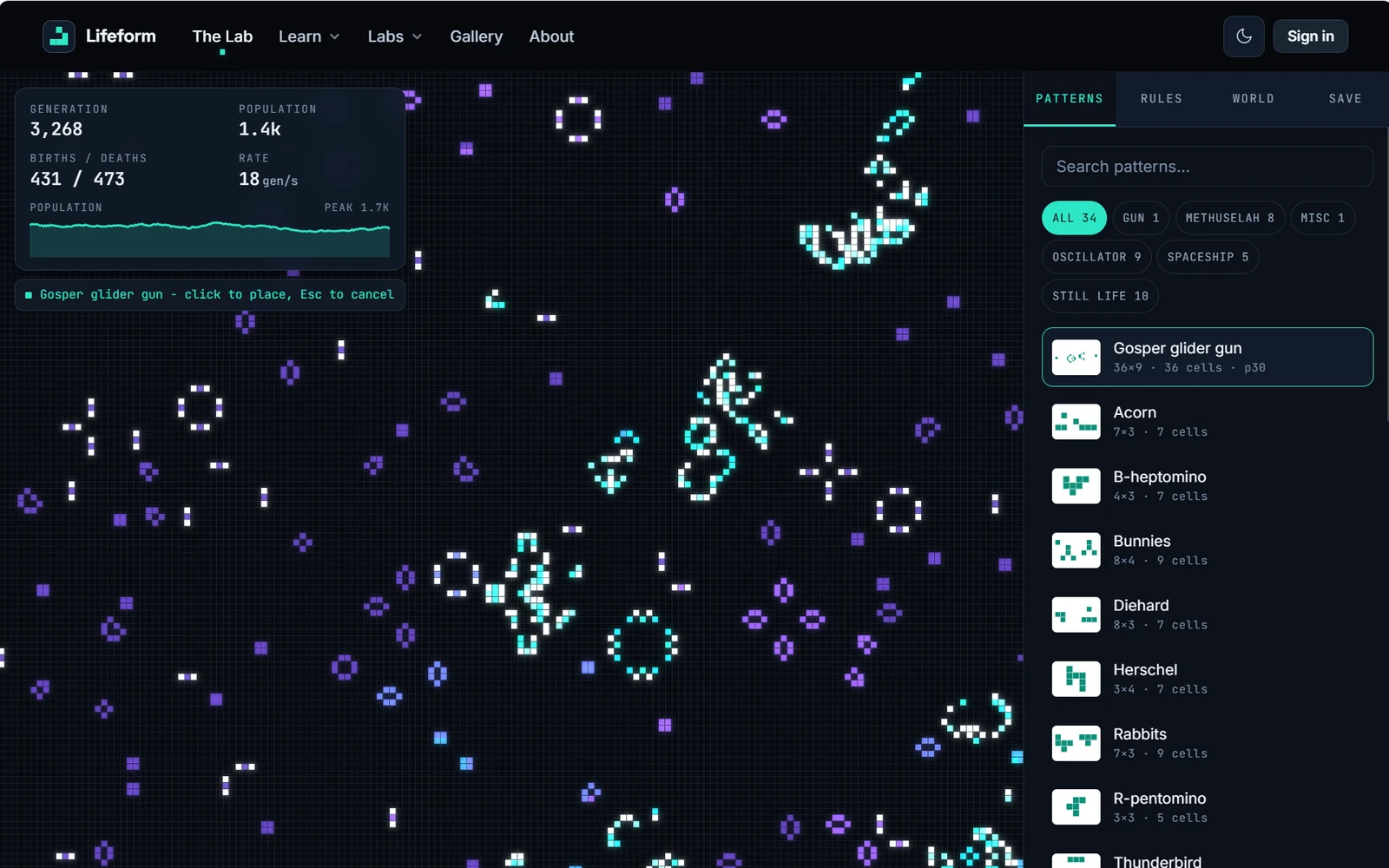 Screenshot of the Lifeform cellular automaton laboratory
