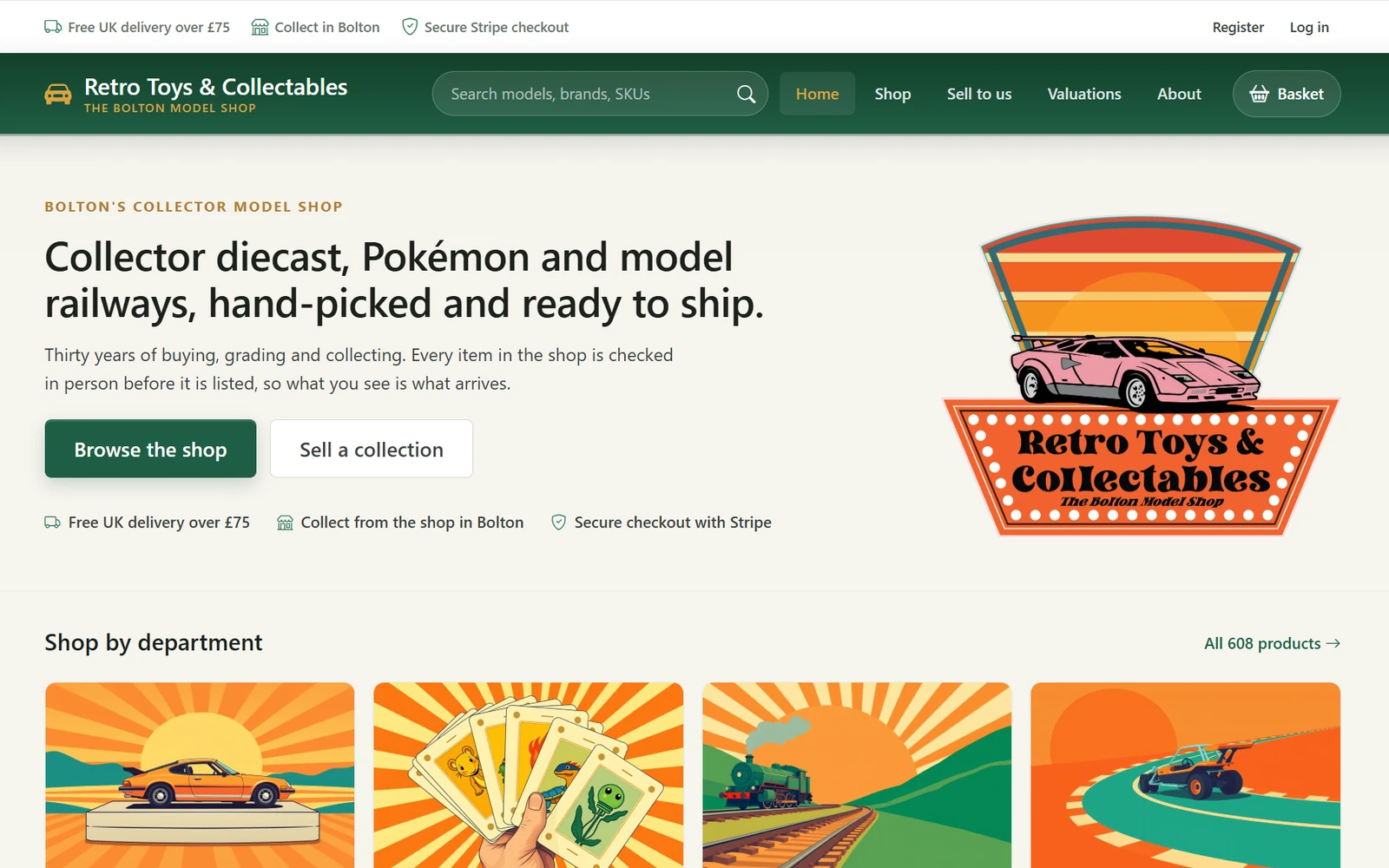 Screenshot of the Retro Toys & Collectables collector model shop storefront