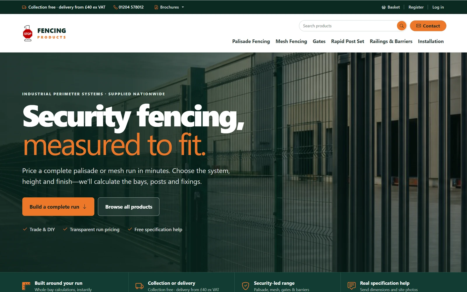 Screenshot of the One Stop Fencing industrial fencing shop with its build-a-run calculators