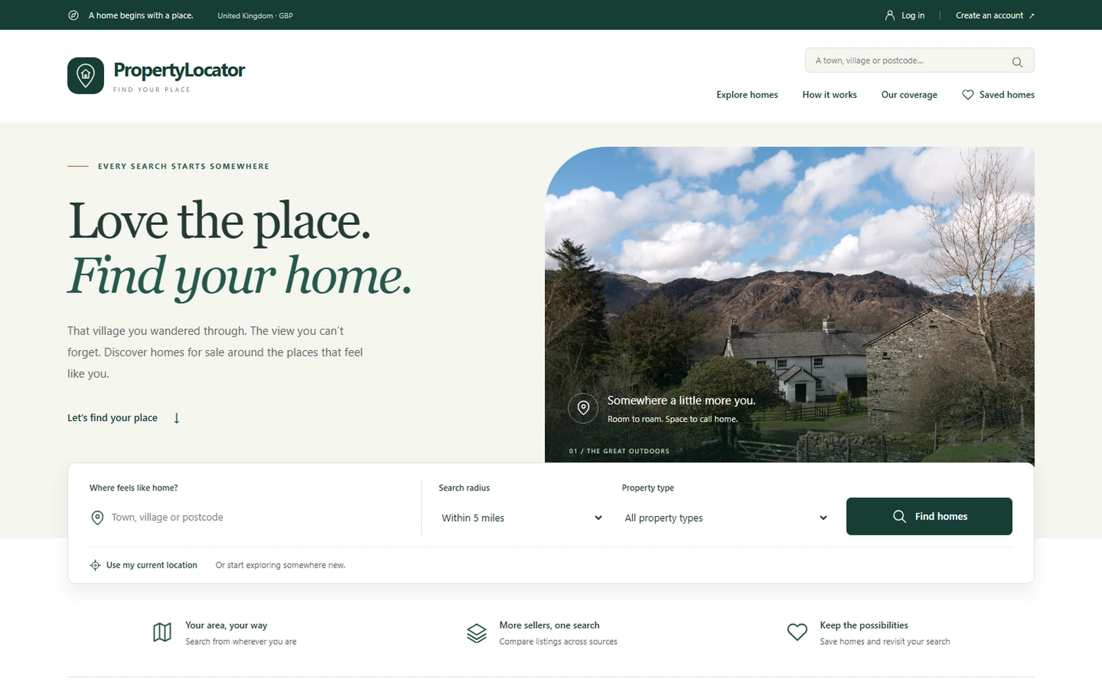 Screenshot of the PropertyLocator homepage and location-based property search