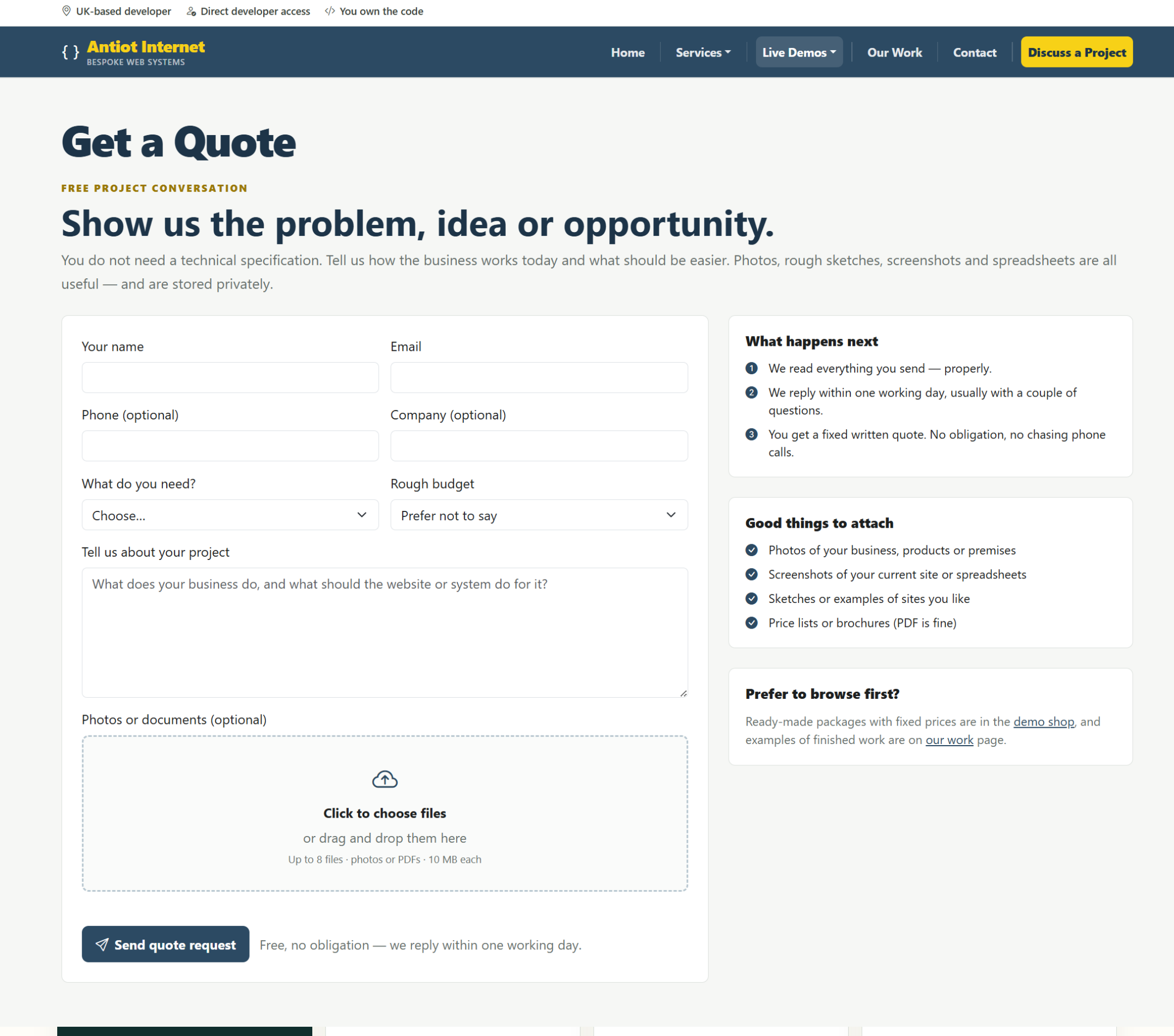 Screenshot of the quote form with project details and file uploads