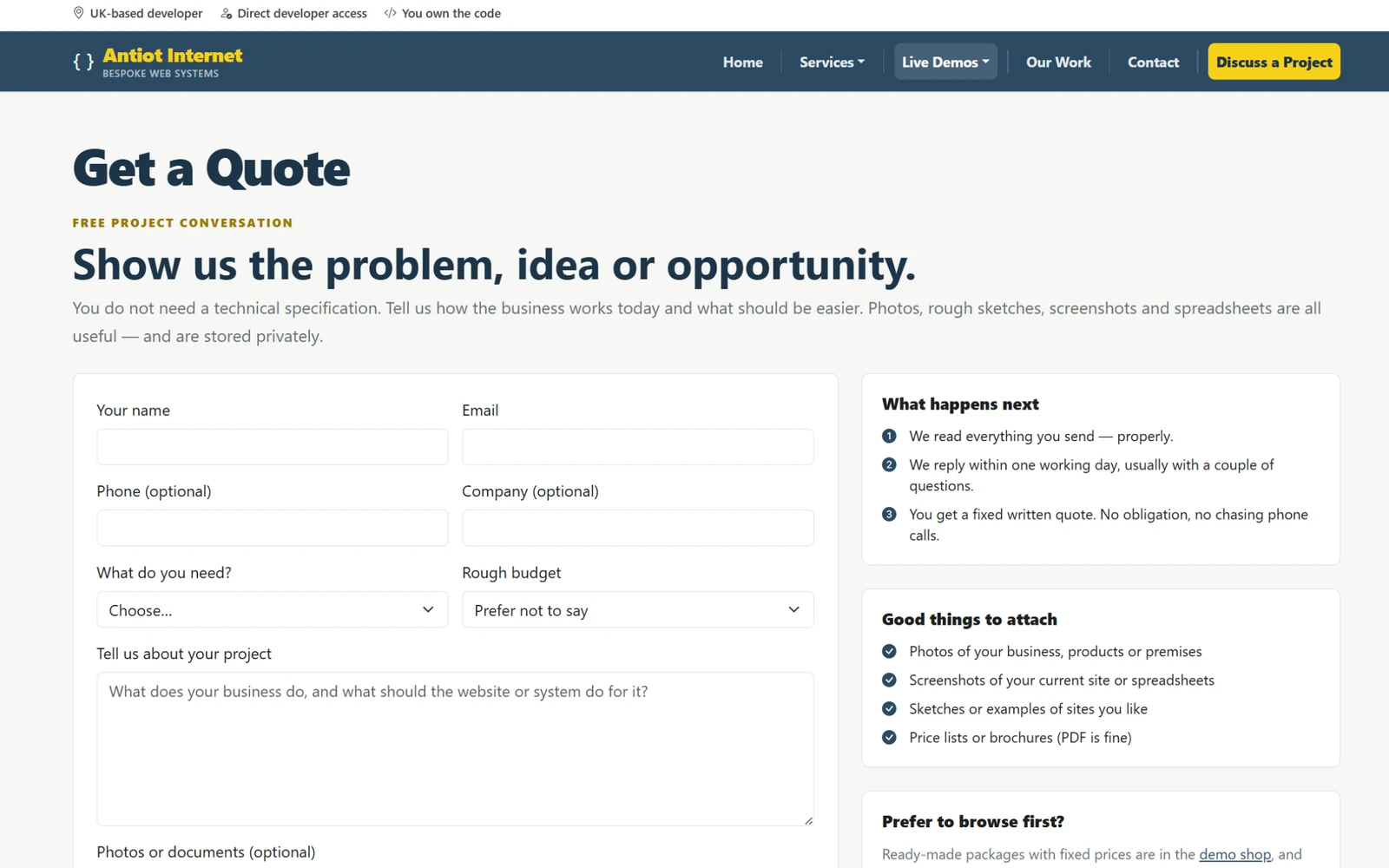 Screenshot of the quote form with project details and file uploads
