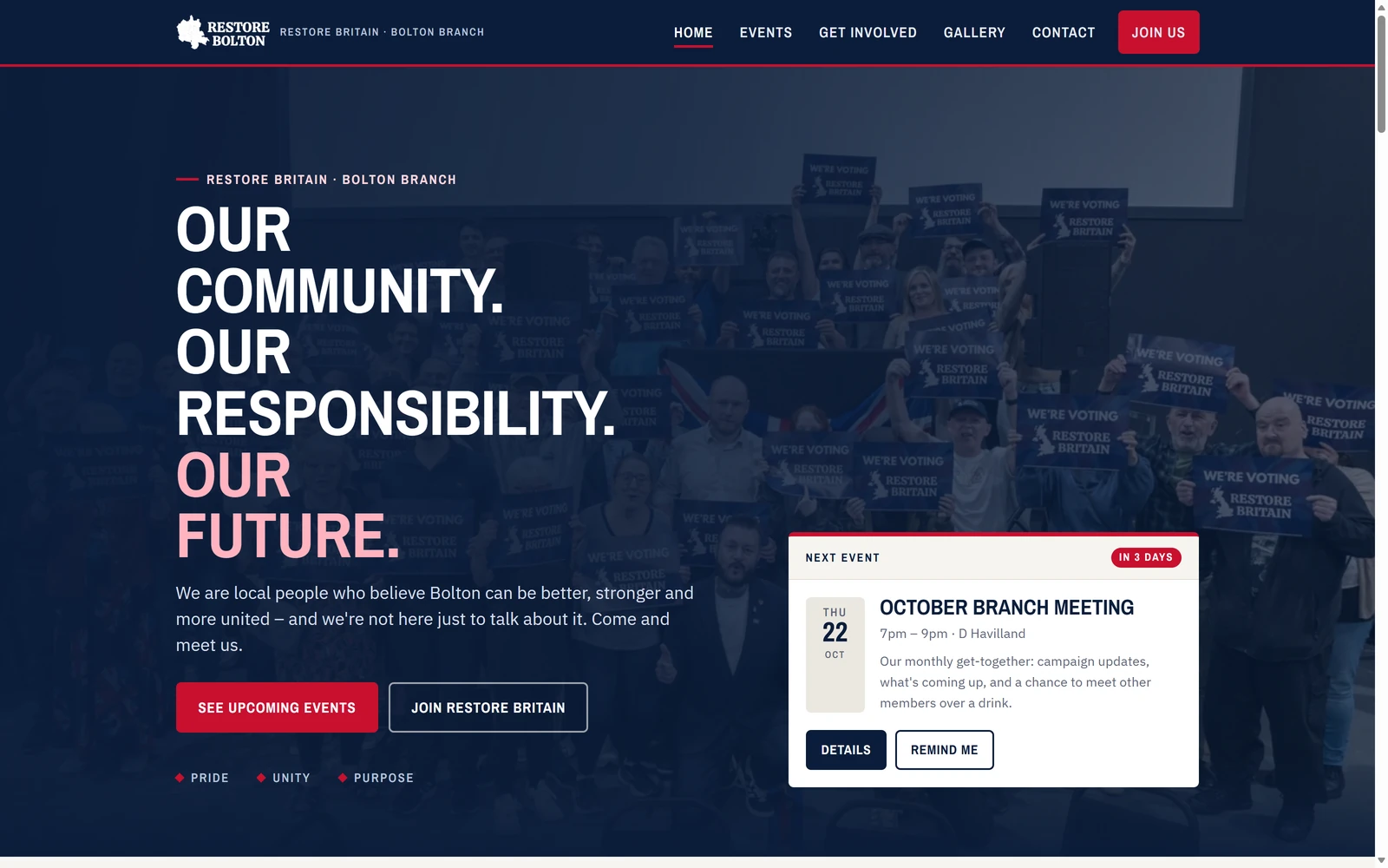 Screenshot of the Restore Bolton branch homepage with its community hero and upcoming events