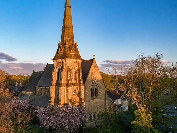 Aerial photograph of St Thomas Church in Bury, featured in the website demo