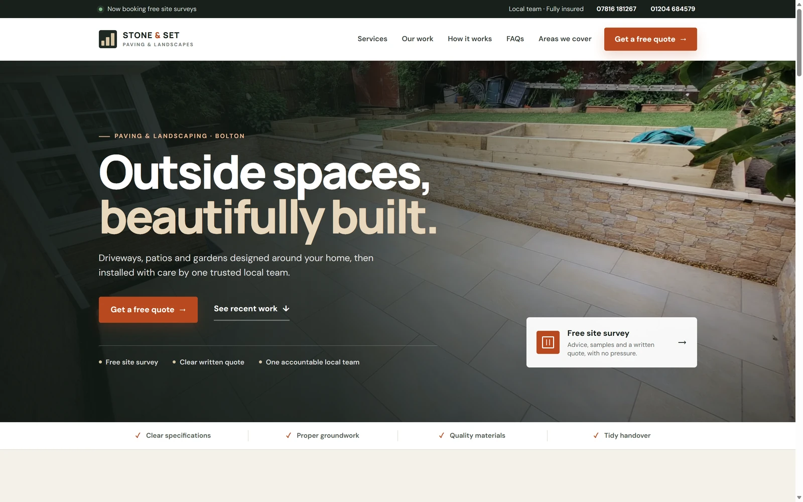 Screenshot of the Stone and Set Paving homepage with its outdoor-spaces hero and service sections