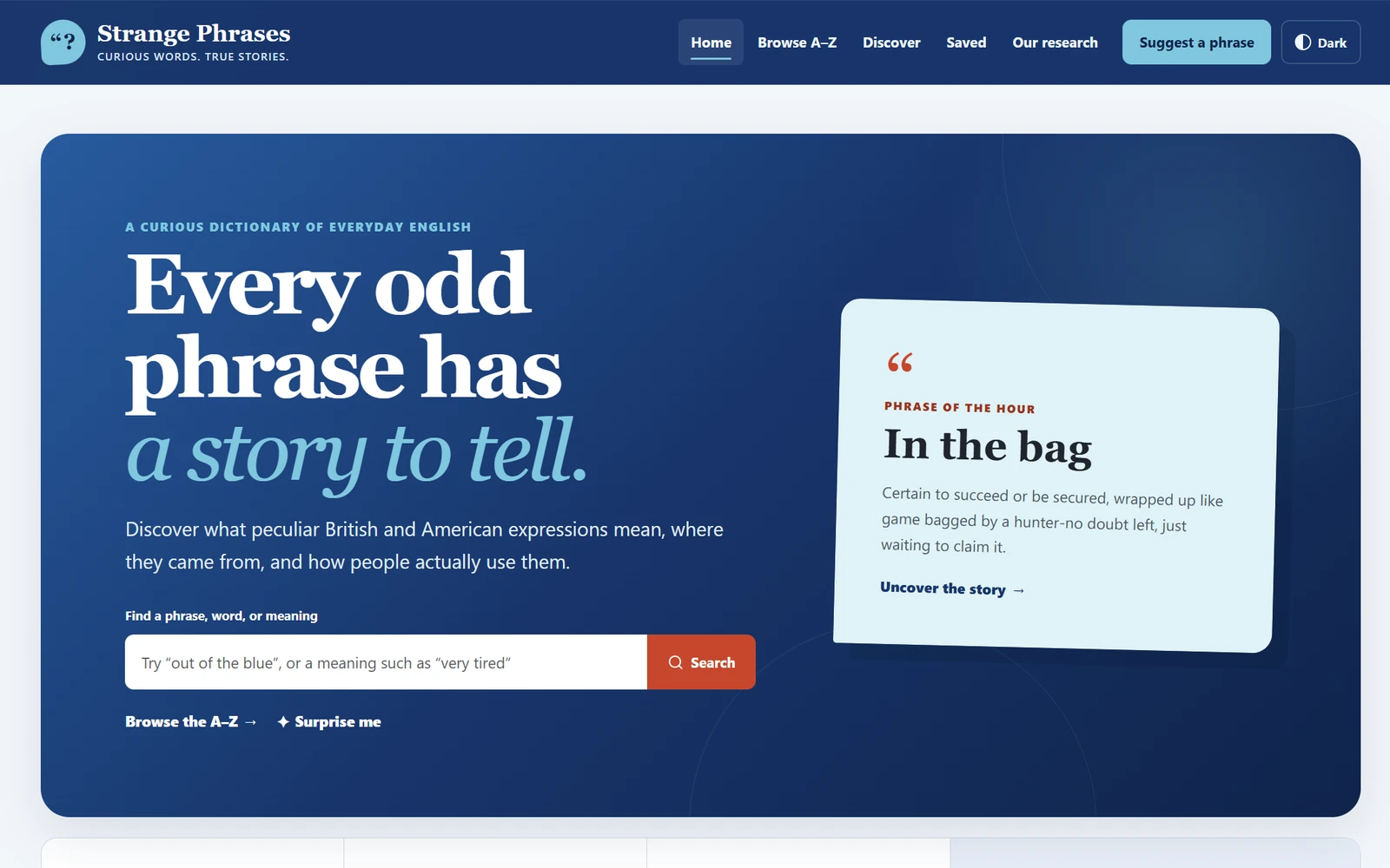 Screenshot of the Strange Phrases searchable A to Z collection