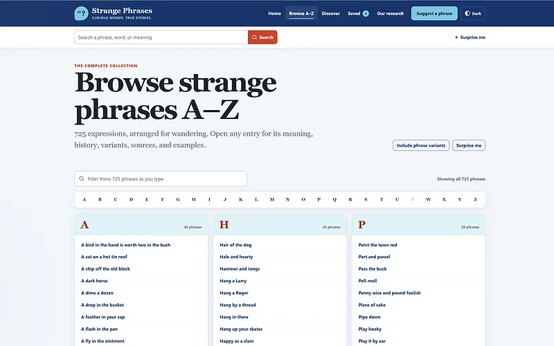 Screenshot of the Strange Phrases searchable A to Z collection