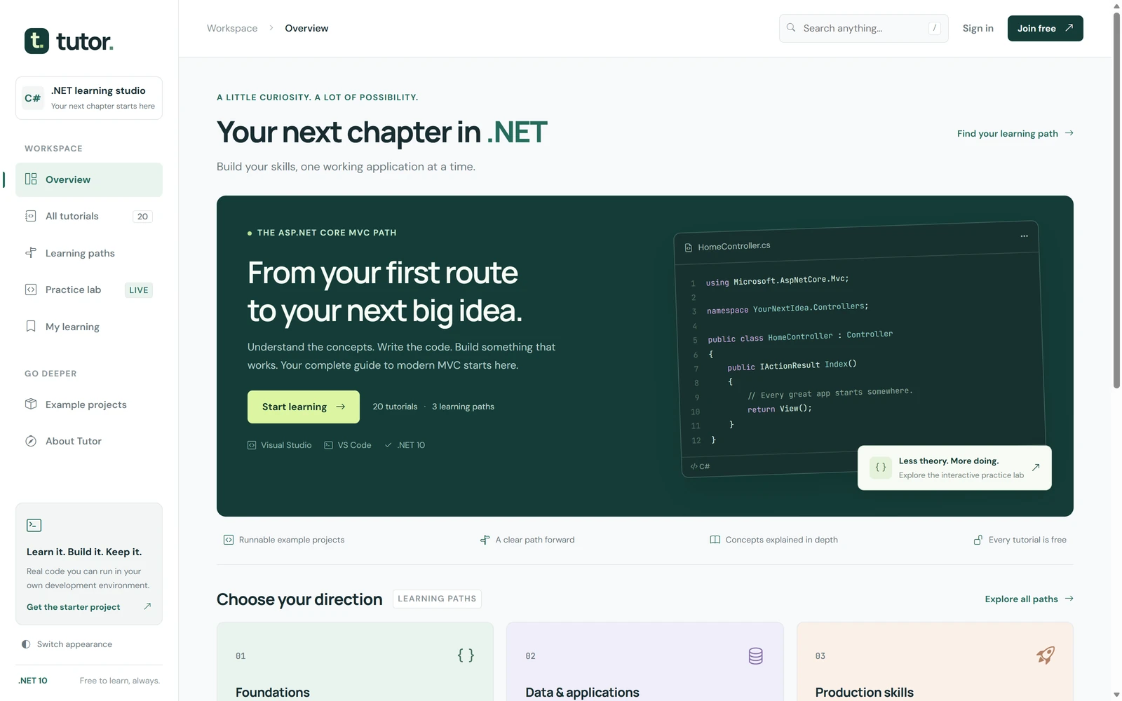 Screenshot of the Tutor learning platform homepage inviting developers to their next chapter in .NET