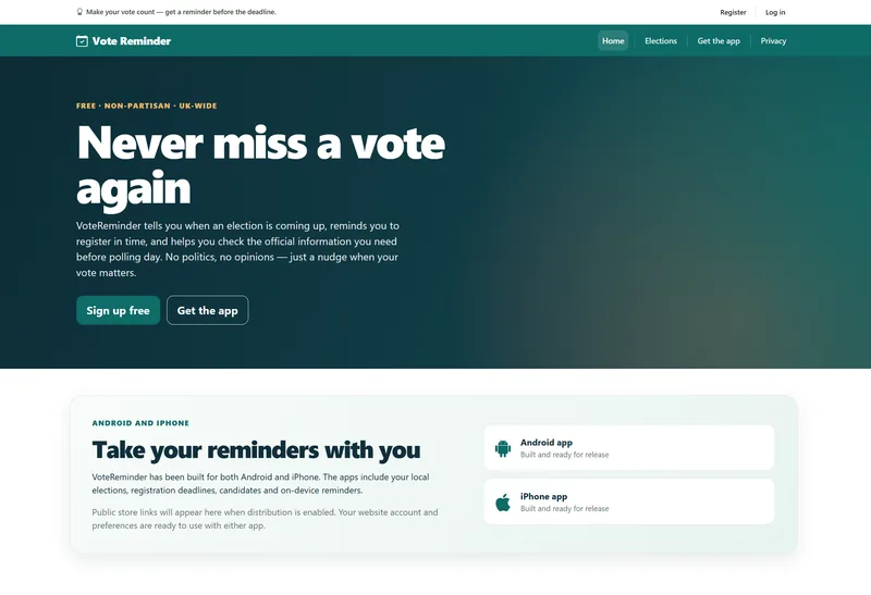 Screenshot of the VoteReminder election reminder website
