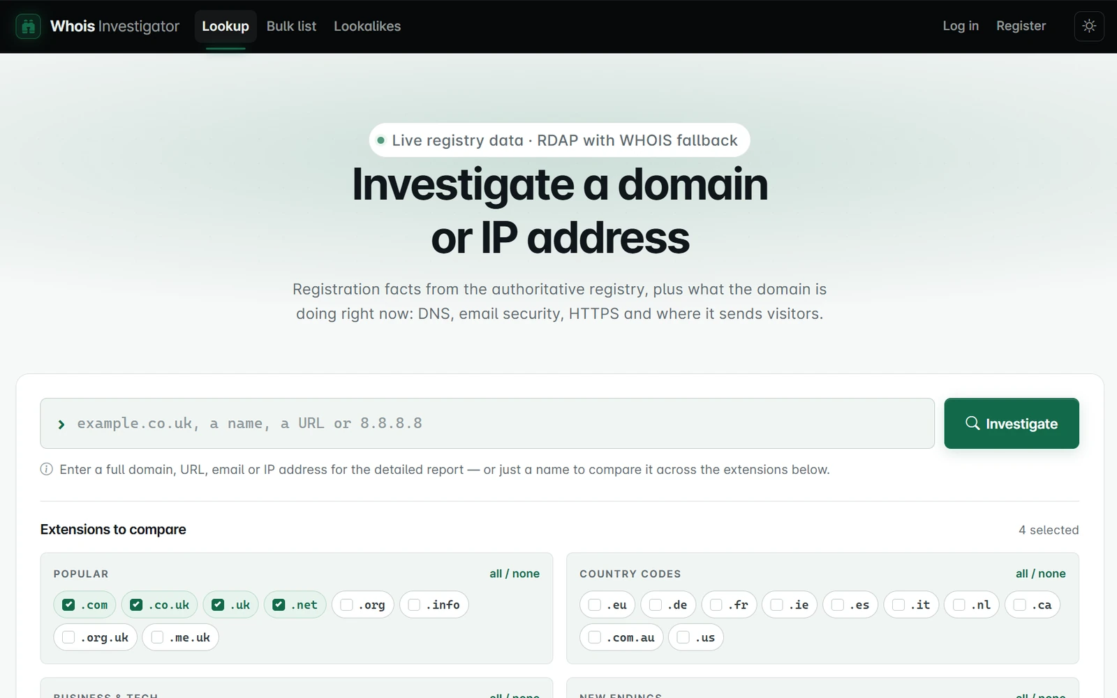 Screenshot of the Whois Investigator domain and IP lookup tool