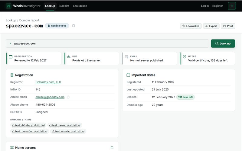 Screenshot of the Whois Investigator domain and IP lookup tool